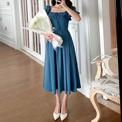 Bubble Sleeve Tie Square Collar Dress Large Size