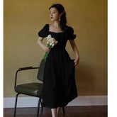 Bubble Sleeve Tie Square Collar Dress Large Size