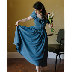 Bubble Sleeve Tie Square Collar Dress Large Size