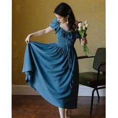 Bubble Sleeve Tie Square Collar Dress Large Size