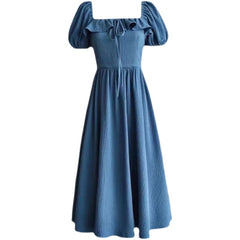 Bubble Sleeve Tie Square Collar Dress Large Size