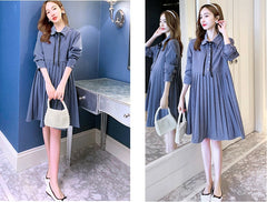 Age-Reducing Small Fragrance Korean Style Bow Mid-Length Pleated Maternity Dress