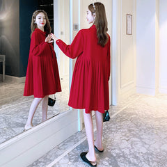Age-Reducing Small Fragrance Korean Style Bow Mid-Length Pleated Maternity Dress