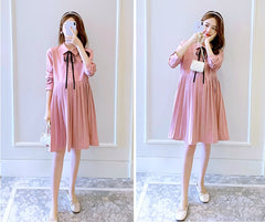 Age-Reducing Small Fragrance Korean Style Bow Mid-Length Pleated Maternity Dress