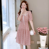 Summer Dress Korean New Waist Sweet Floral Short Sleeve Skirt Temperament Baby Collar Chiffon Dress