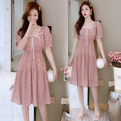 Summer Dress Korean New Waist Sweet Floral Short Sleeve Skirt Temperament Baby Collar Chiffon Dress
