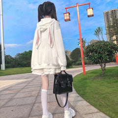 Cute Bunny Ears Navy Collar Hooded Loose Sweatshirt