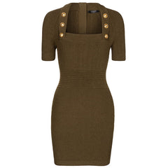 Temperament Commuter Square Collar Elastic Solid Color Mid-waist Mid-length Skirt