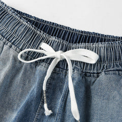 Elastic Waist Embroidery Cropped Jeans Women Summer Thin Section