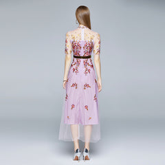New Ladies Gentle Wind Wear Embroidered Mesh Dress Five-point Sleeve French Long Skirt