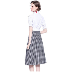 New Printed Stitching Short-sleeved Shirt Plaid Split Skirt Two-piece Suit