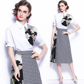 New Printed Stitching Short-sleeved Shirt Plaid Split Skirt Two-piece Suit