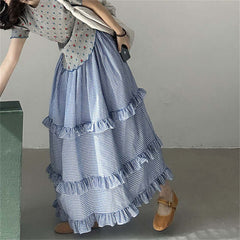 Plaid Elastic Waist Ruffled Tiered Skirt Long Dress For Women