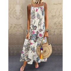 Cotton And Linen Print Sling Mid-length Dress