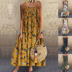 Cotton And Linen Print Sling Mid-length Dress
