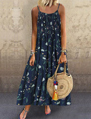 Cotton And Linen Print Sling Mid-length Dress