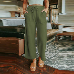 Lace-up Solid Color Nine-Point Wide-Leg Pants Women Loose Simple Casual Pants