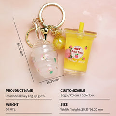 Peach Floating Milky White Teacup Lip Gloss Pendant Key Ring