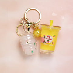 Peach Floating Milky White Teacup Lip Gloss Pendant Key Ring