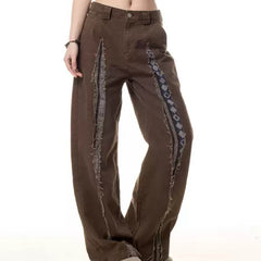 Retro Frayed Stitching Design Multi-pocket Jeans For Women