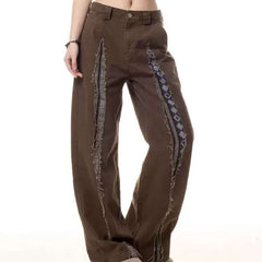 Retro Frayed Stitching Design Multi-pocket Jeans For Women