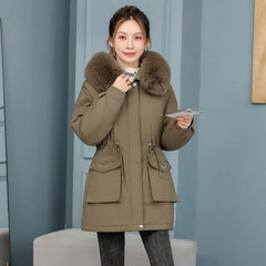 Waist Slimming Elegant Parka Cotton-padded Coat Fur Collar Western Style Velvet Lining Warm Coat in khaki color on model.