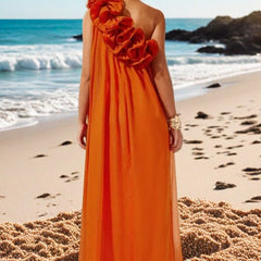 Women's Three-dimensional Flower Pleated Strapless Sloping Shoulder Backless Dress