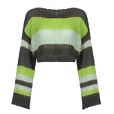 Stripe Color Blocking Hollow Perspective Wool Short Blouse Loose