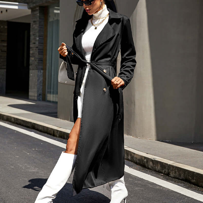 Mid-length High-grade Large Lapel Temperament Commute Lace-up Waist-controlled Black Coat worn on street