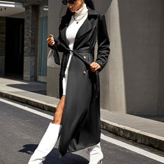 Mid-length High-grade Large Lapel Temperament Commute Lace-up Waist-controlled Black Coat worn on street