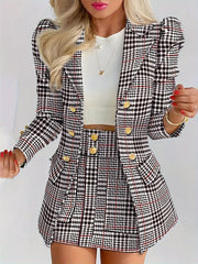 Ladies Fashion Casual Slim Suit Two-piece Plus-size Suit, Plaid Pattern Elegant Skirt Suit With Buttons, Lapel Long Sleeve Suit Jacket And High Waist Skirt, Plus-size Women'S Wear Amazon Don't Sell