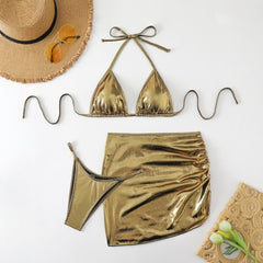 Women's Bronzing Fabric Top Halter Strap Swimsuit Set