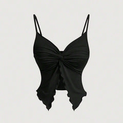 Ladies' Fashionable Solid Color Suspender Butterfly Shaped Irregular V-neck Top Sexy Vacation Style Top