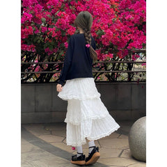 New High Waist White Lace Chiffon Skirt