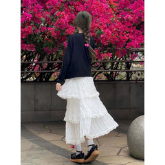 New High Waist White Lace Chiffon Skirt