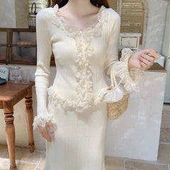 Women's Lace Patchwork Black Fungus Edge Knitted Cardigan Jacket