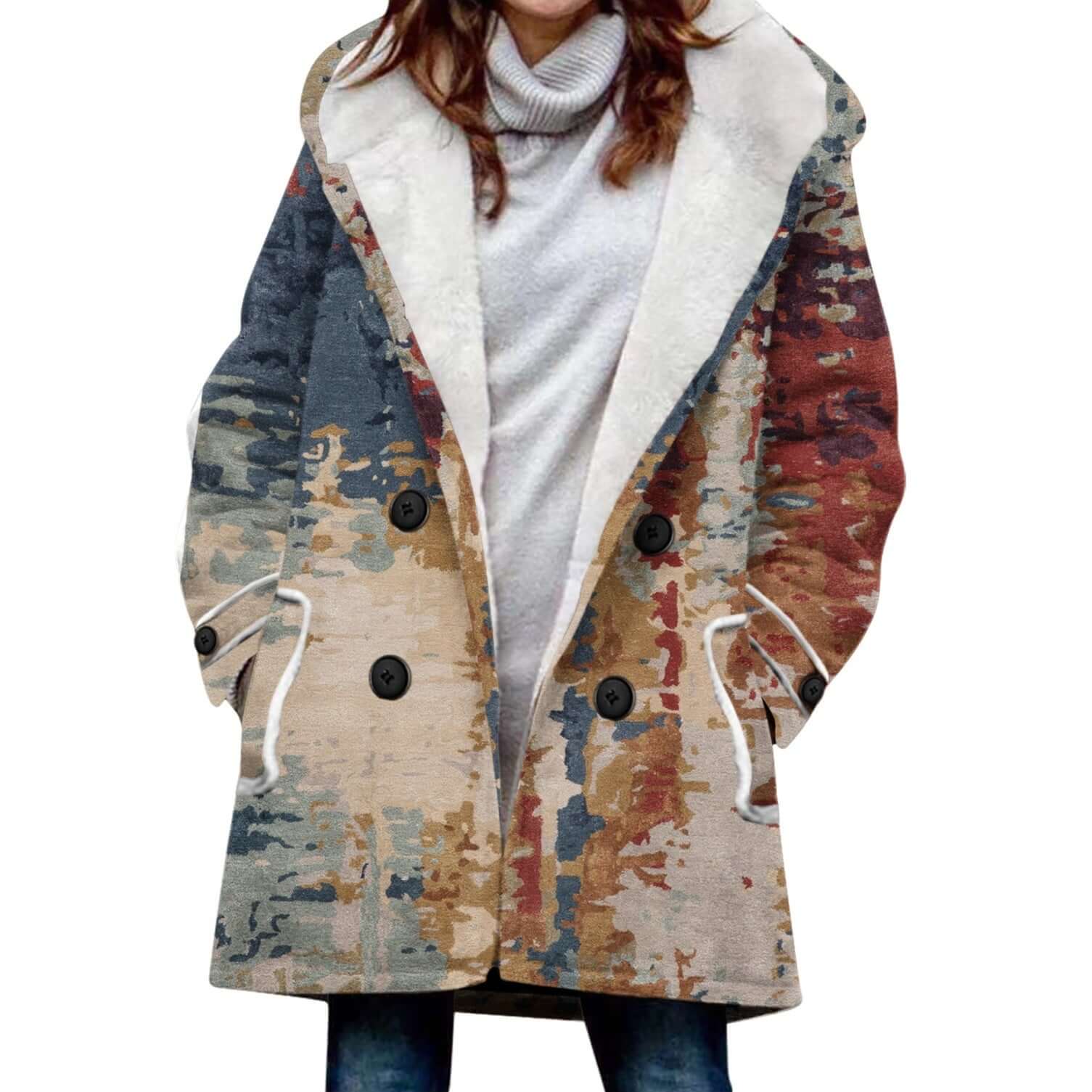 Women's Windbreaker Winter Thickened Imitation Lamb Stitching Floral Hooded with colorful retro pattern and large buttons.