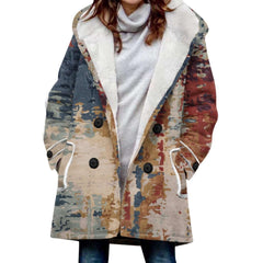 Women's Windbreaker Winter Thickened Imitation Lamb Stitching Floral Hooded with colorful retro pattern and large buttons.