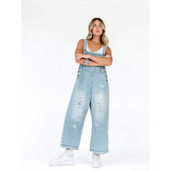 Retro Make Old Ripped Loose Wide Leg Denim Suspender Pants