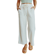 Lace-up Solid Color Nine-Point Wide-Leg Pants Women Loose Simple Casual Pants