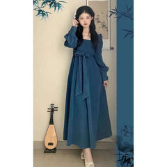 National Style New Chinese Style Spring And Autumn French Retro Elegant Slim Square Collar High Waist Skirt