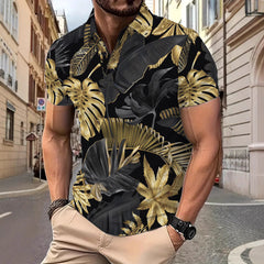 Men's Printed Gold Tropical Plant Pattern Short Sleeve Fashion Printed Shirt