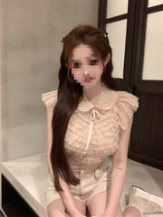 French Style Bow Lapel Chiffon Short Sleeve Shirt