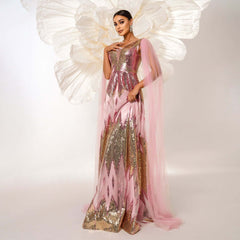 Mesh Long Sleeve V-neck Sequins Large Swing Evening Dress