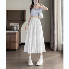 Lace Stitching High Waist A- Line Skirt Cake Dress Umbrella Skirt