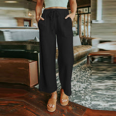Lace-up Solid Color Nine-Point Wide-Leg Pants Women Loose Simple Casual Pants