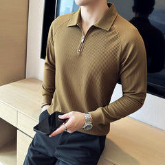 High Elastic Thickened Seersucker Half Zipper Polo Shirt
