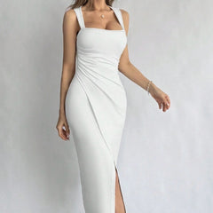 Women's New Fashionable Commuting Solid Color Sleeveless Generous Collar Slit Slim Fit Sexy Dress