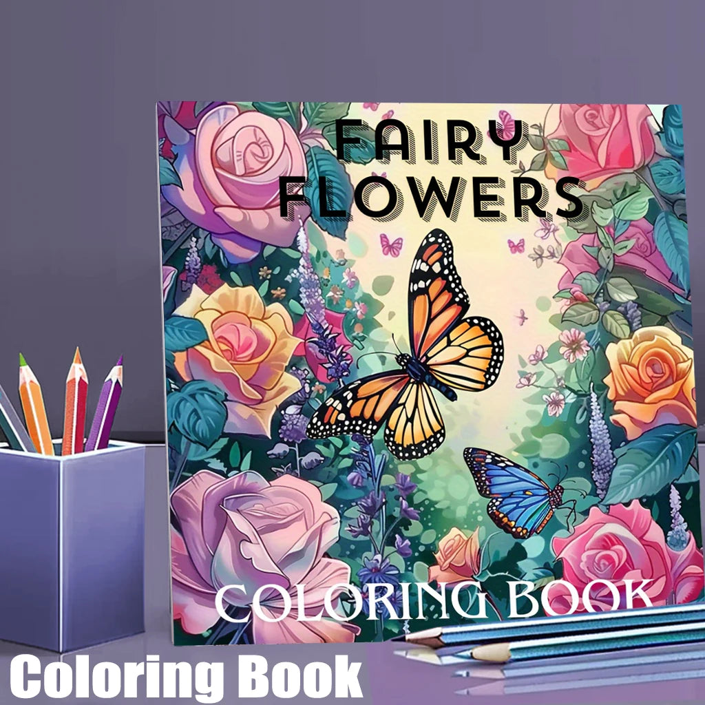 Adult coloring book for stress relief – 28 pages fairy flowers front cover