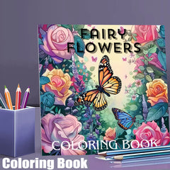 Adult coloring book for stress relief – 28 pages fairy flowers front cover